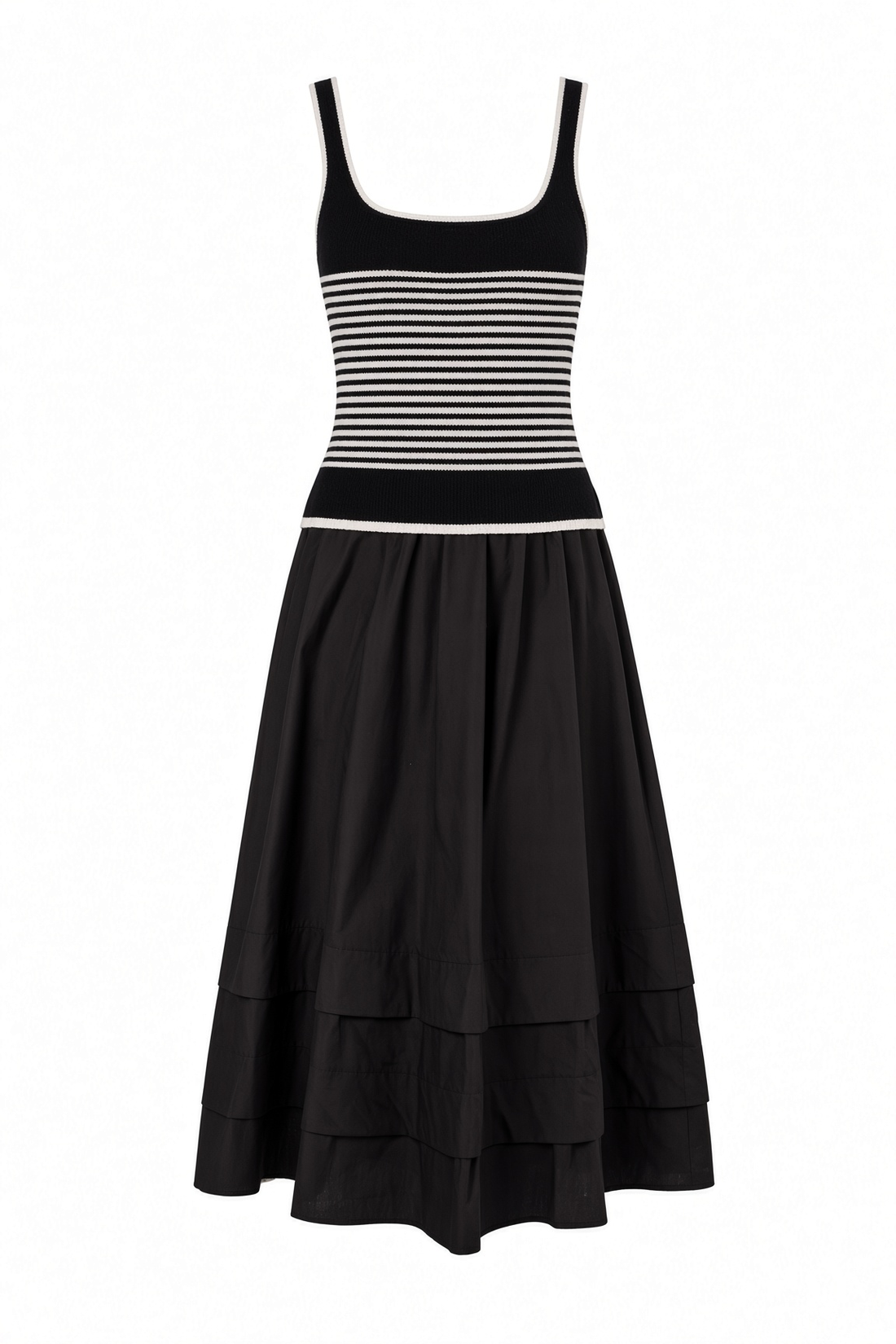 A black and white striped sleeveless tank dress with a tiered skirt, shown against a plain white background.
