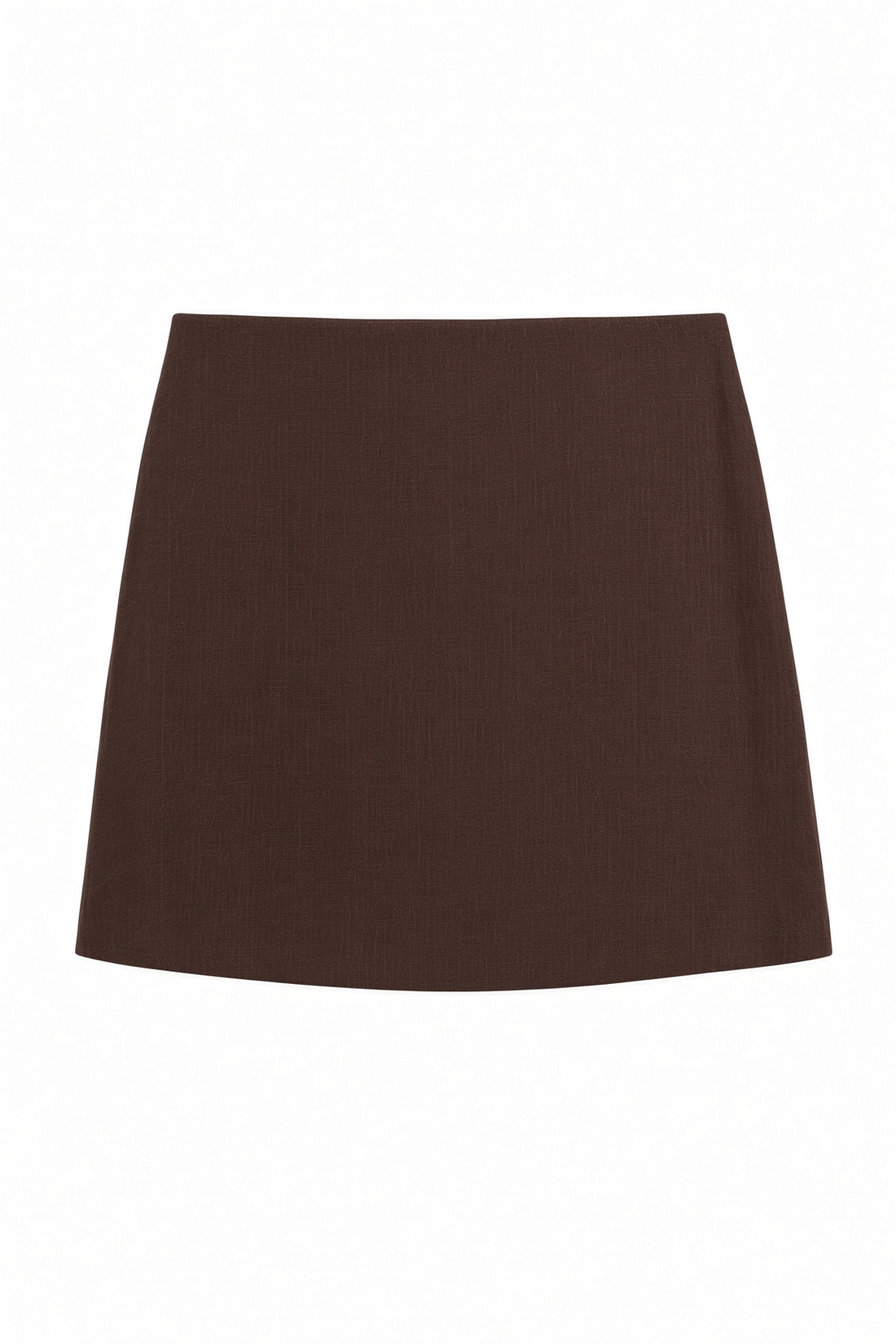 A dark brown A-line mini skirt with a subtle vertical ribbed texture, shown flat against a plain white background.