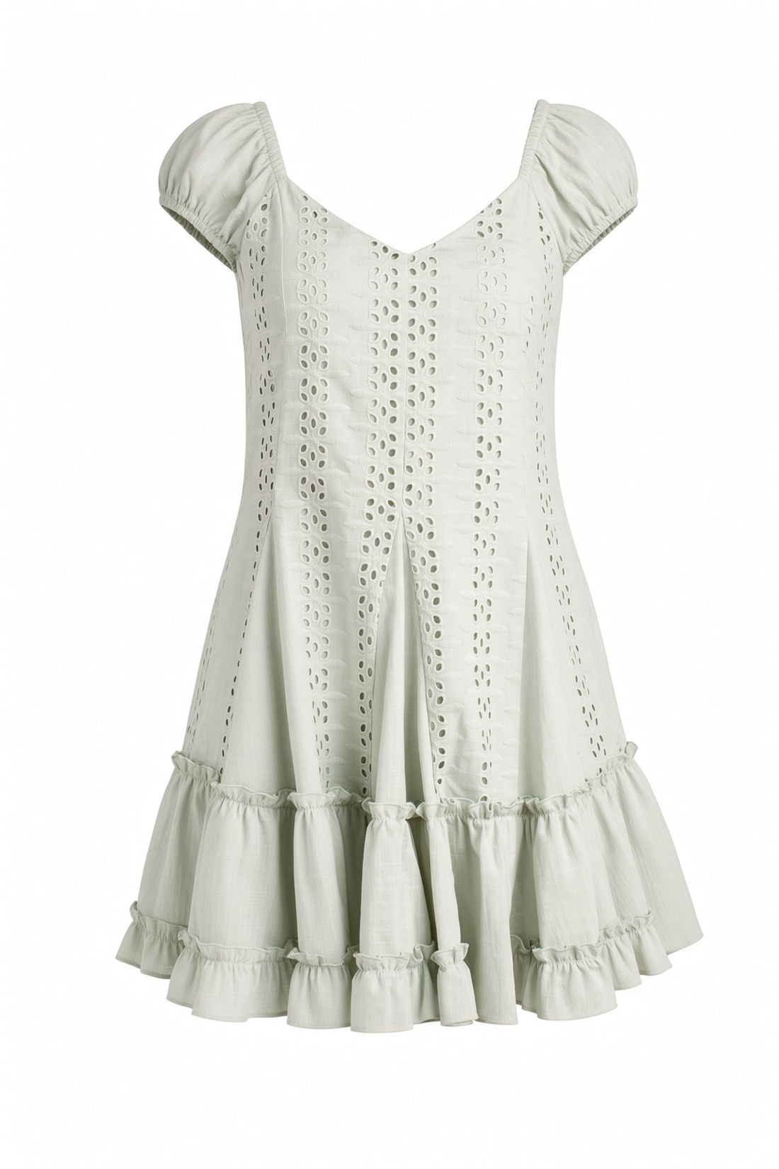 A light sage green eyelet mini dress with puff sleeves, a V-neckline, and tiered ruffle hem, shown against a plain white background.