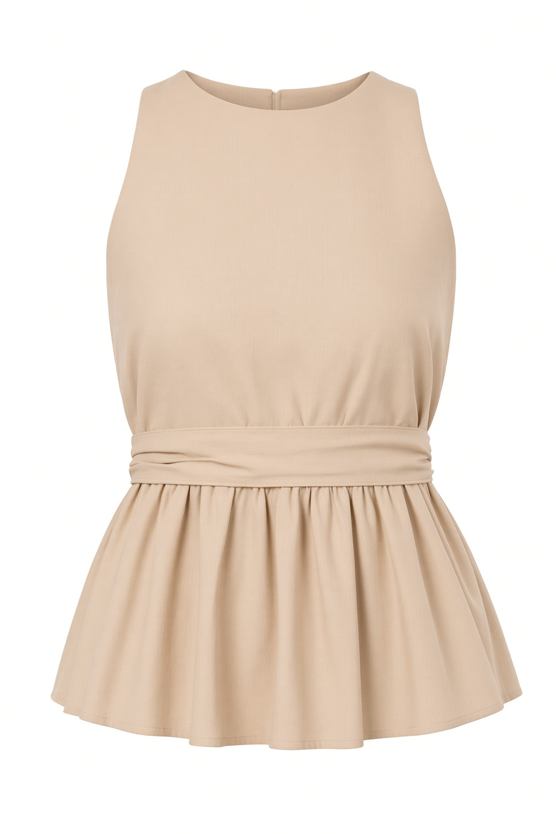 A sleeveless beige top with a gathered waist and flared peplum skirt, shown against a plain white background.