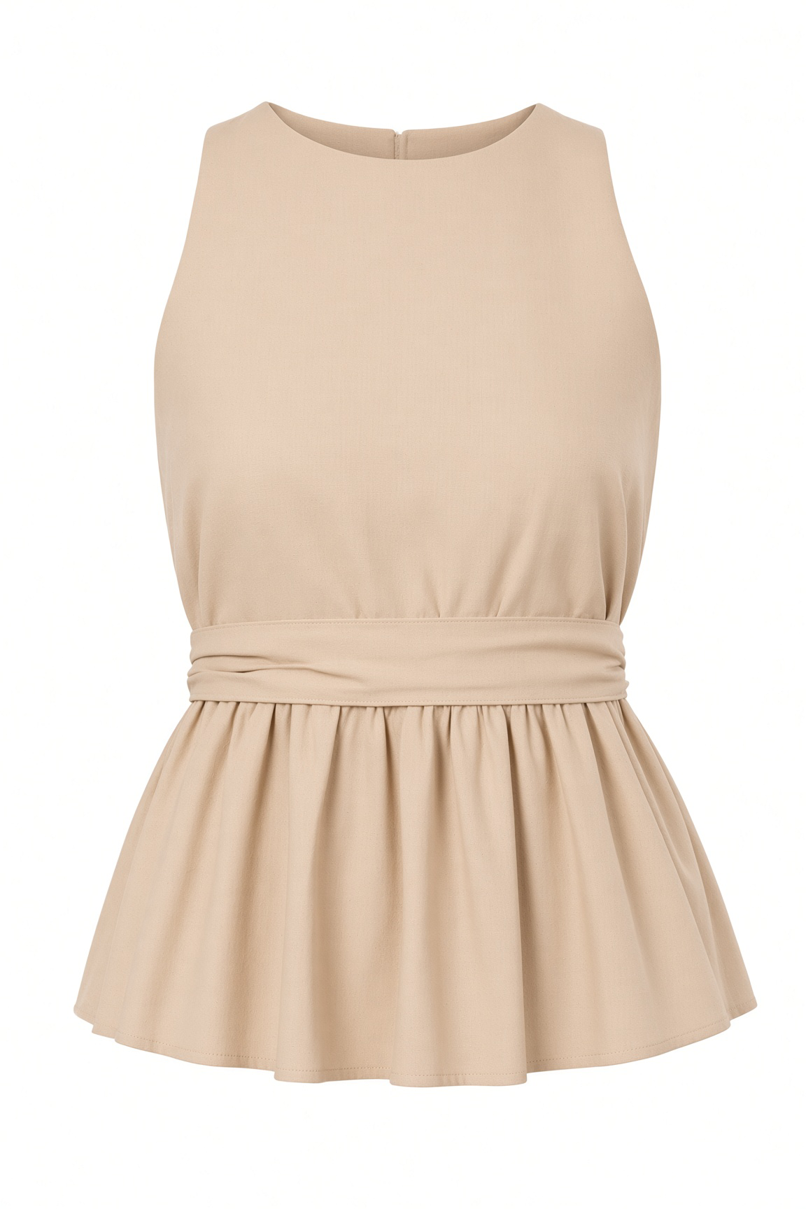 A sleeveless beige top with a gathered waist and flared peplum skirt, shown against a plain white background.