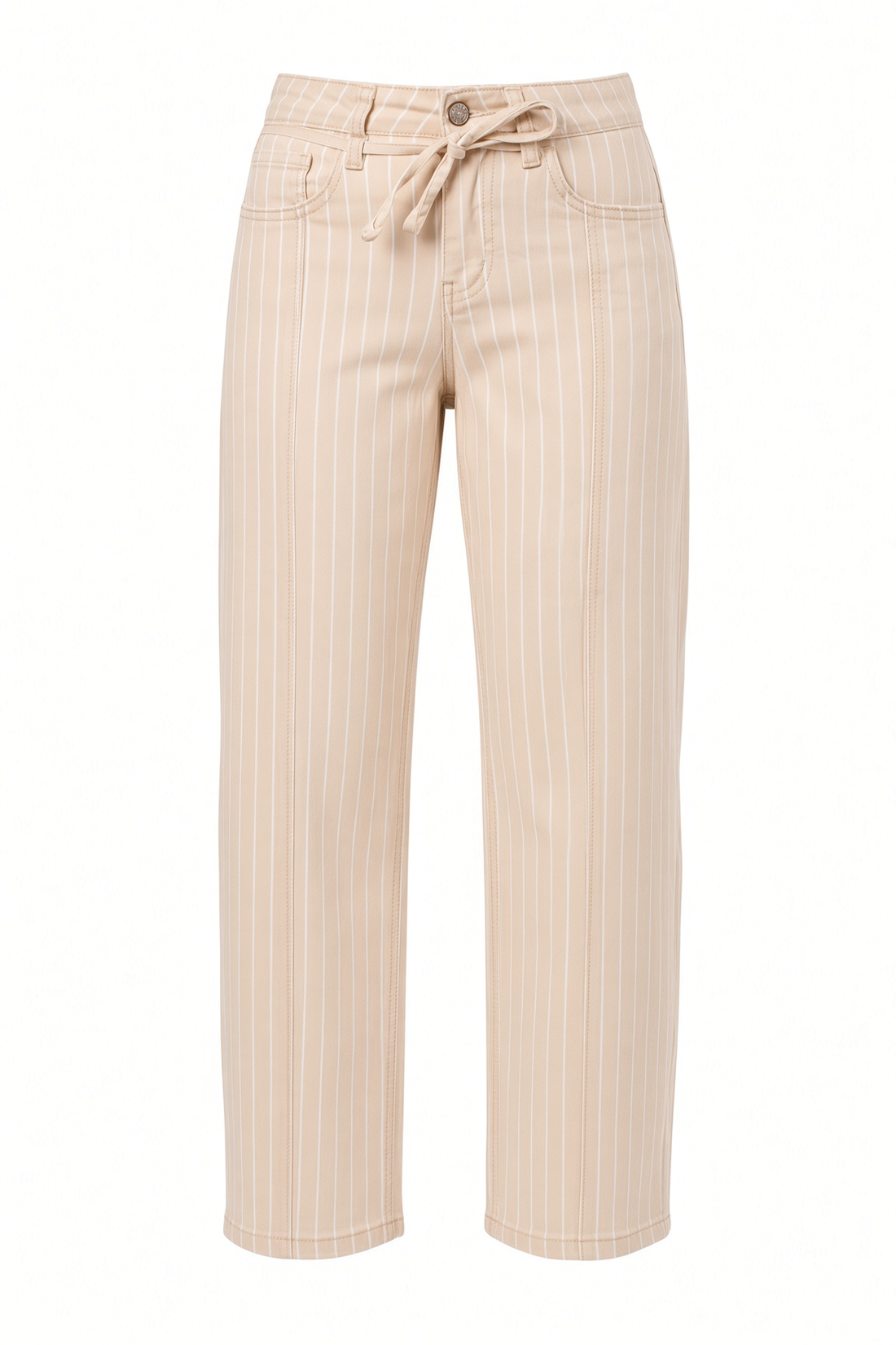 A pair of cropped pants in beige with thin white vertical pinstripes, featuring a drawstring waistband and front pockets, shown against a plain white background.