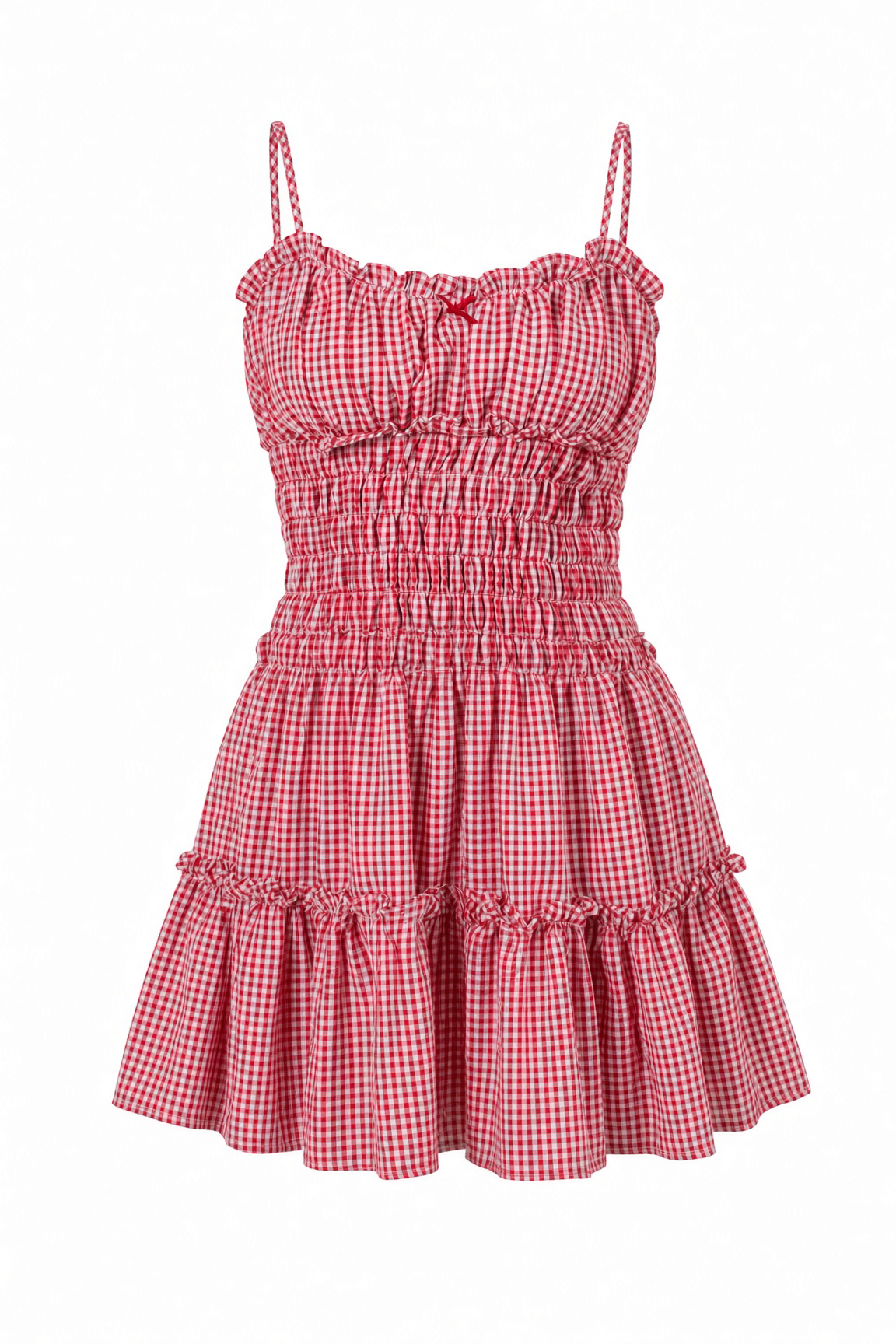 Red and white gingham mini dress with a smocked bodice, ruffled spaghetti straps, and tiered skirt on a white background.