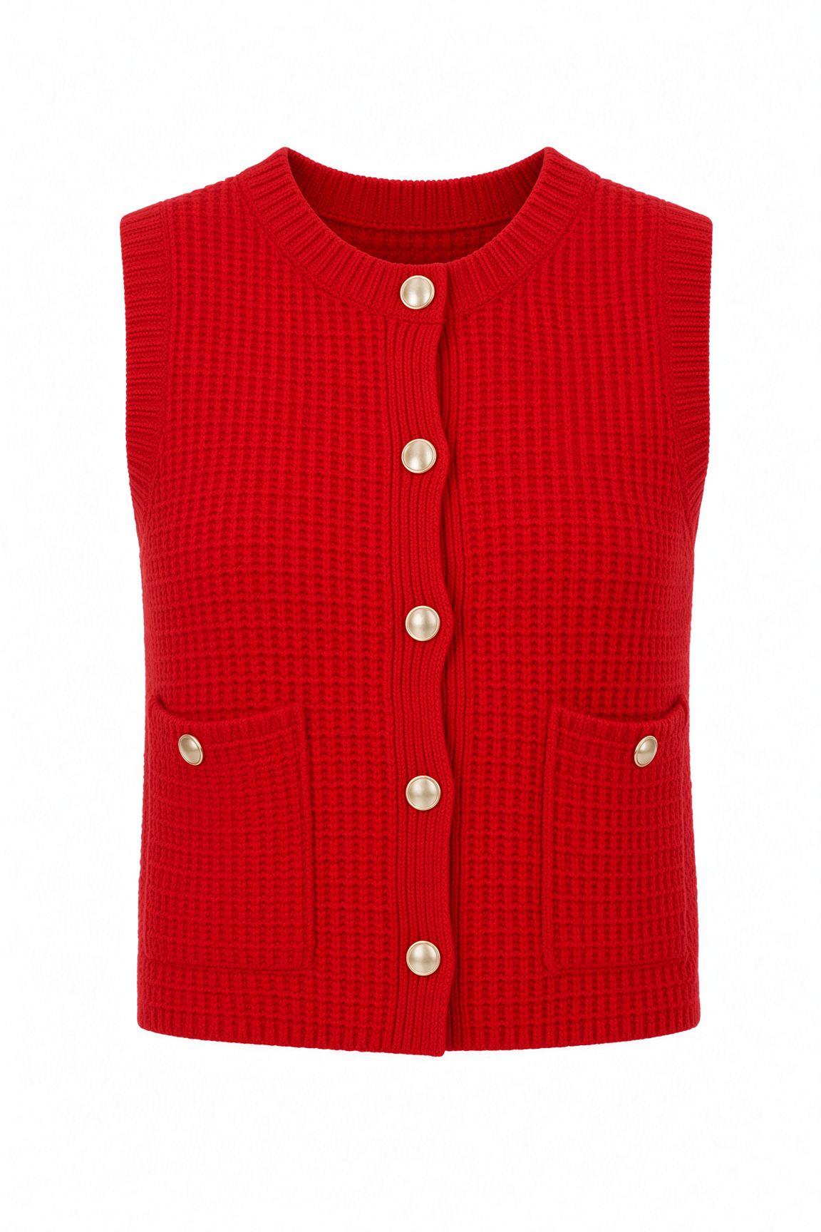 A bright red ribbed knit vest with a waffle texture, featuring a button-up front with gold-tone buttons and two front patch pockets with matching buttons, shown on a plain white background.