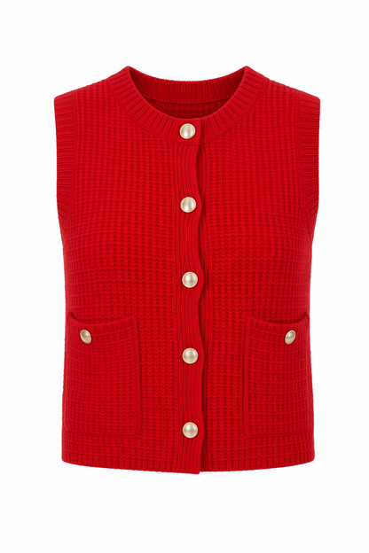 A bright red ribbed knit vest with a waffle texture, featuring a button-up front with gold-tone buttons and two front patch pockets with matching buttons, shown on a plain white background.