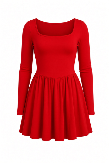 A bright red long-sleeve skater dress with a square neckline and a flared skirt, shown against a plain white background.
