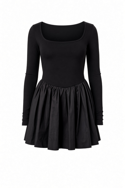 A black long-sleeve mini dress with a scoop neckline and a flared gathered skirt, shown against a plain white background.