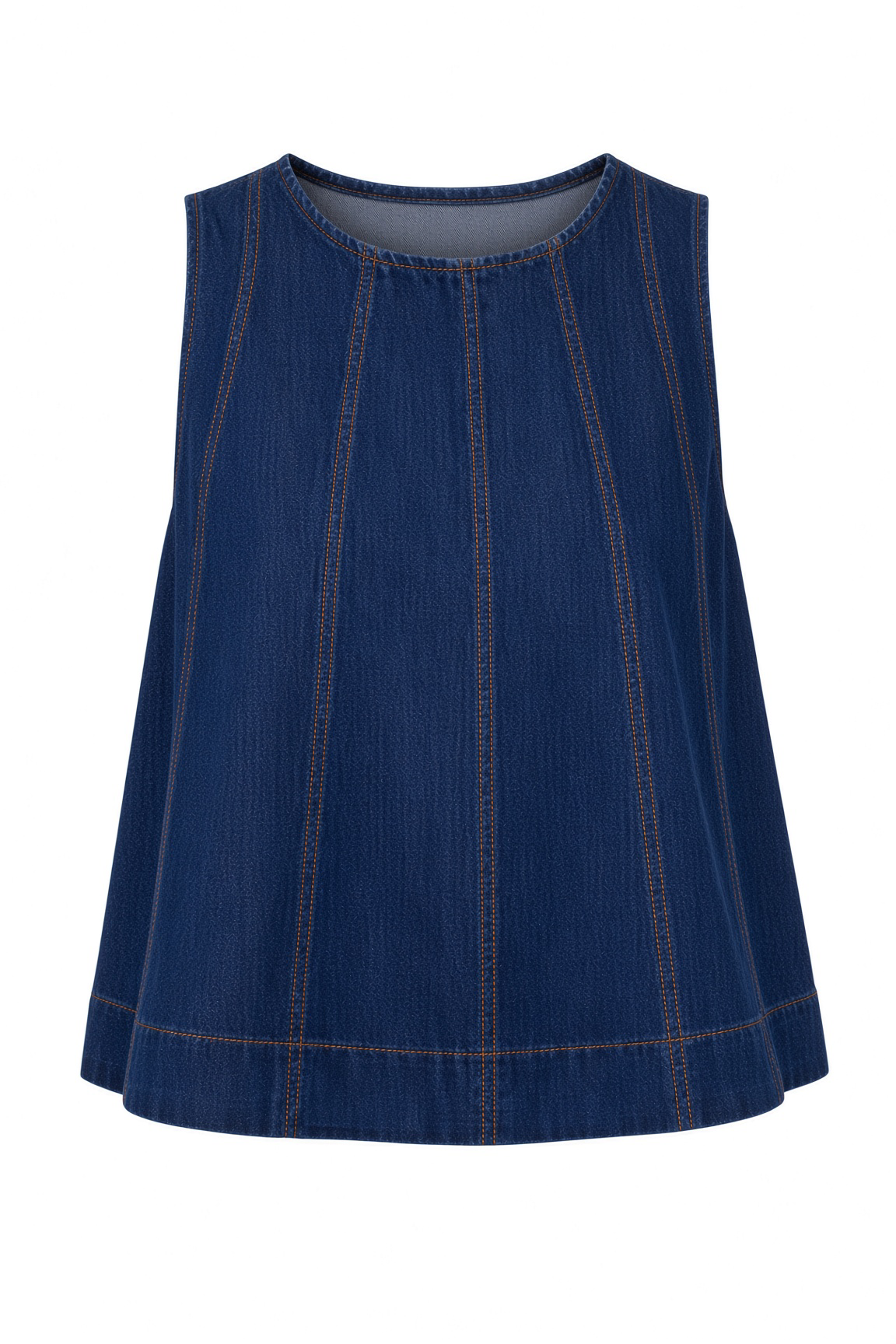 A sleeveless dark blue denim-style top with vertical contrast stitching, shown against a plain white background.