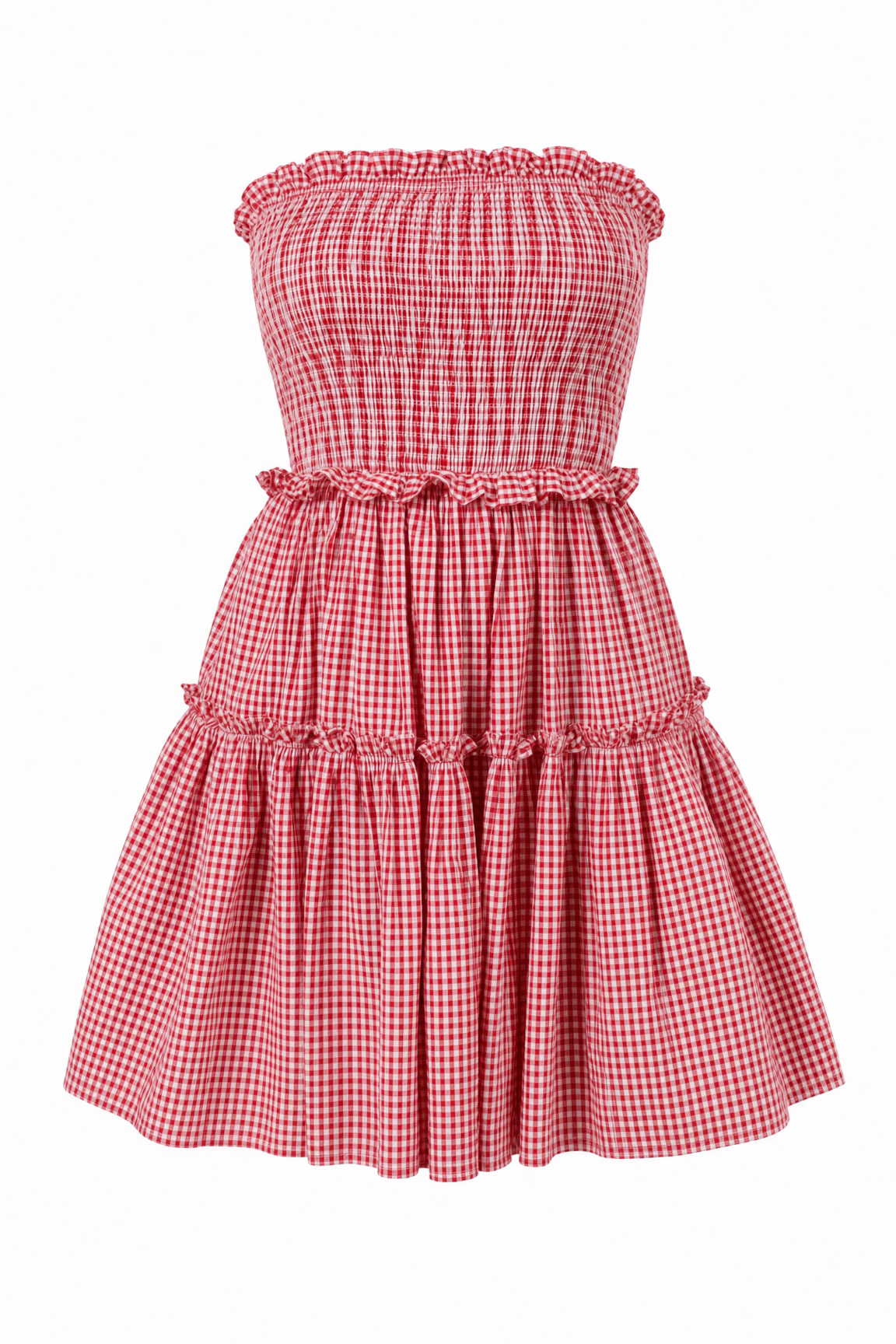 A red and white gingham strapless dress with a smocked bodice, ruffled trim, and a tiered skirt, shown against a plain white background.