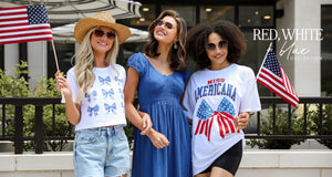 Model wearing cute + affordable graphic tees and model wearing blue tiered maxi dress