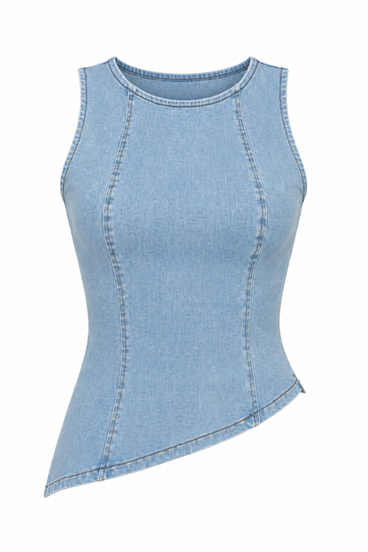 A light blue denim sleeveless top with an asymmetrical hem and contrast stitching, shown on a plain white background.