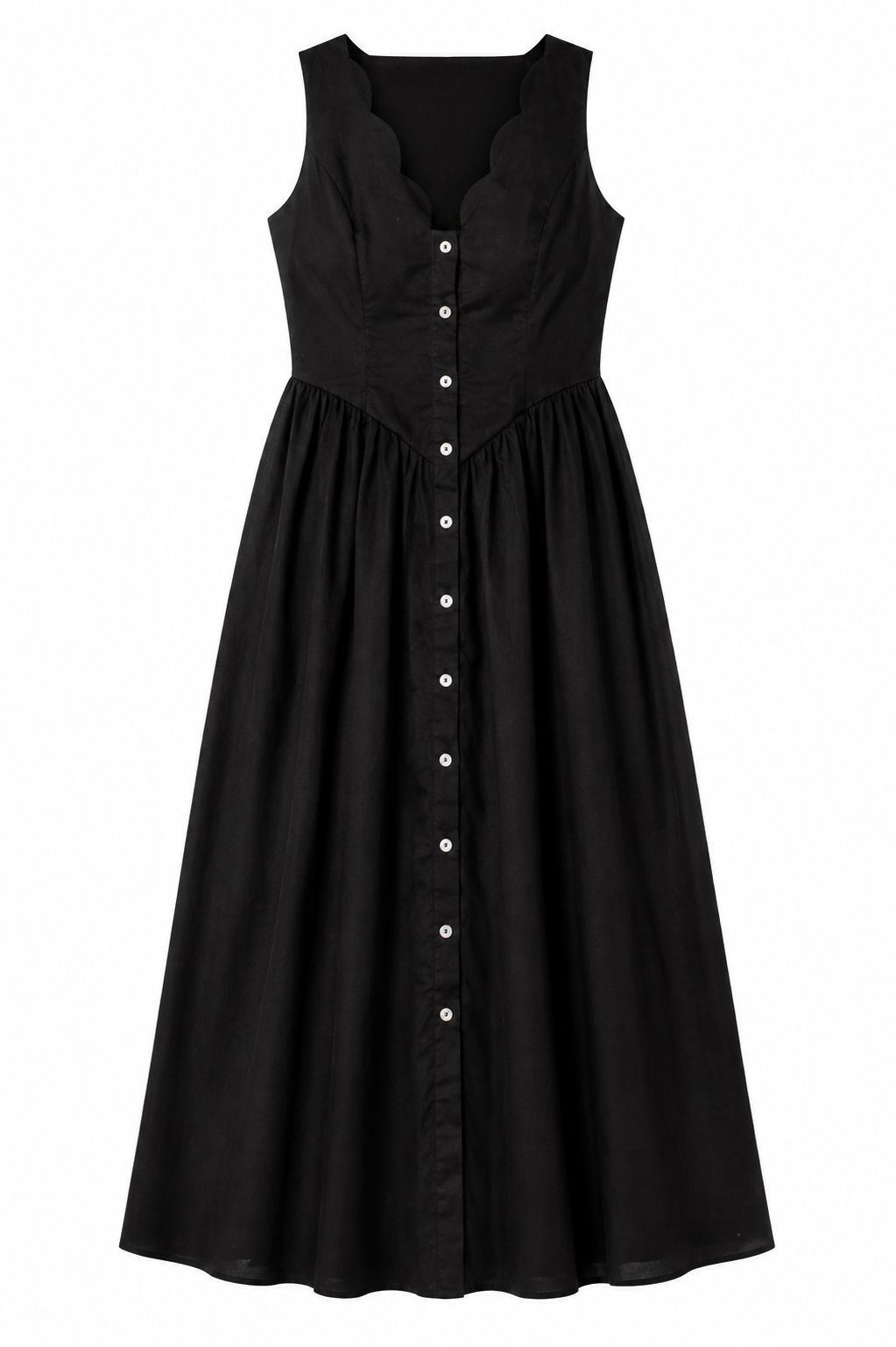 A sleeveless black midi dress with a scalloped V-neckline, a button-down front bodice, and a gathered skirt, shown against a plain white background.