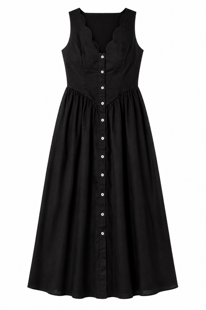 A sleeveless black midi dress with a scalloped V-neckline, a button-down front bodice, and a gathered skirt, shown against a plain white background.