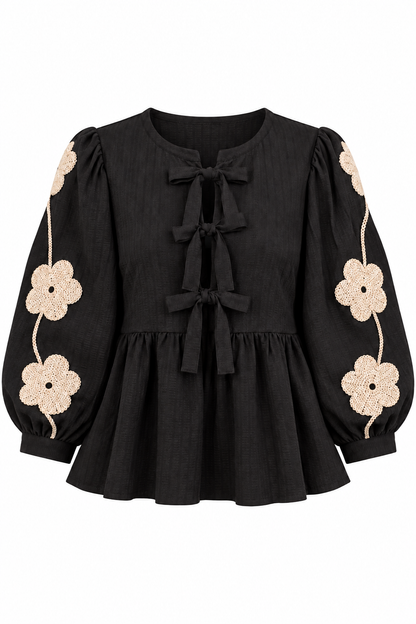 Artful Bloom Floral Applique Black Blouse