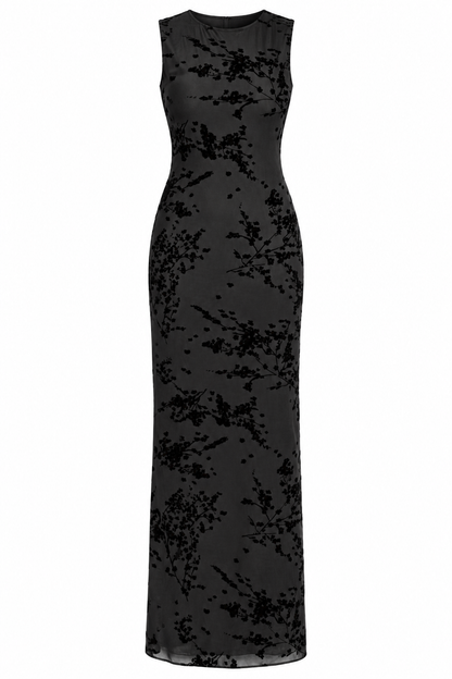 A sleeveless black maxi dress with a textured, tonal abstract pattern, shown against a plain white background.