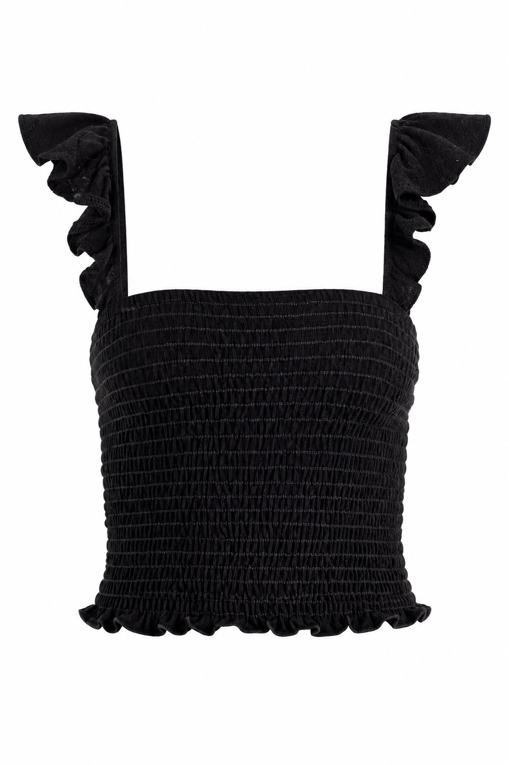 A black smocked crop top with ruffled shoulder straps and a ruffled hem, shown against a plain white background.