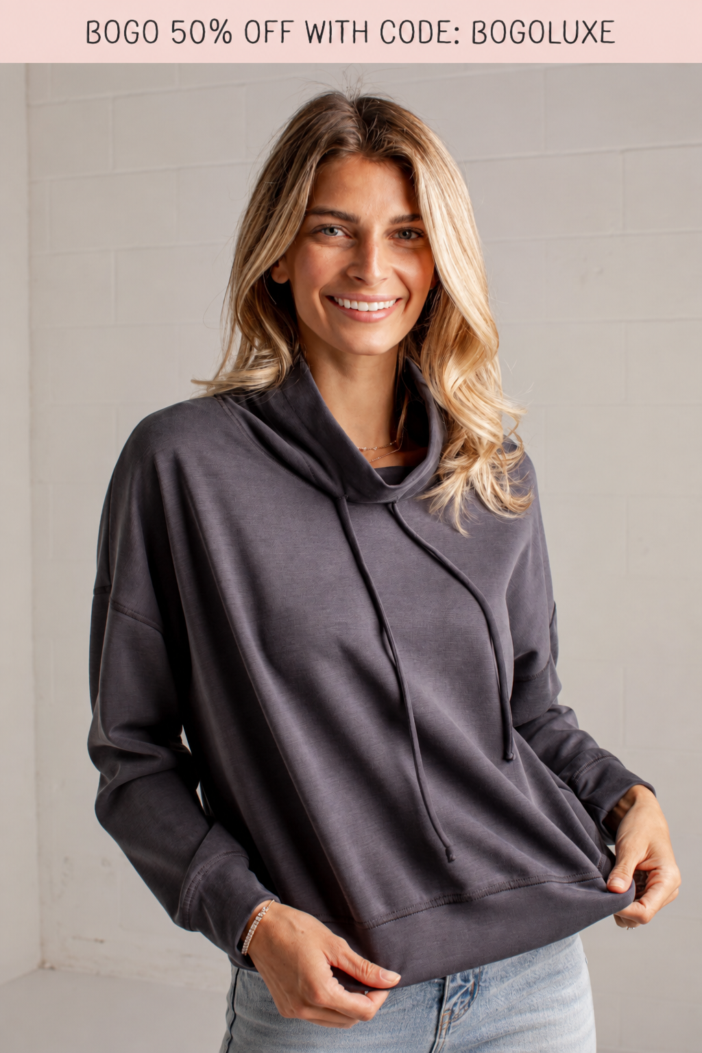 On My Way Charcoal Mock Neck Pullover