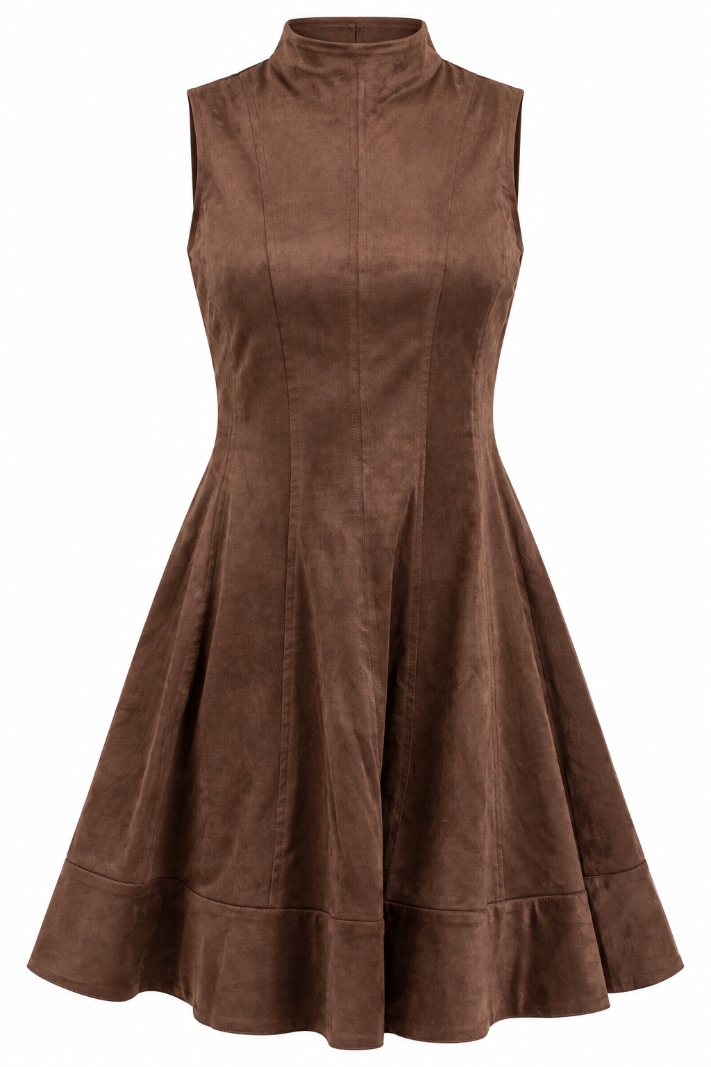 A sleeveless brown dress with a mock neck, structured bodice, and flared skirt, shown against a plain white background.
