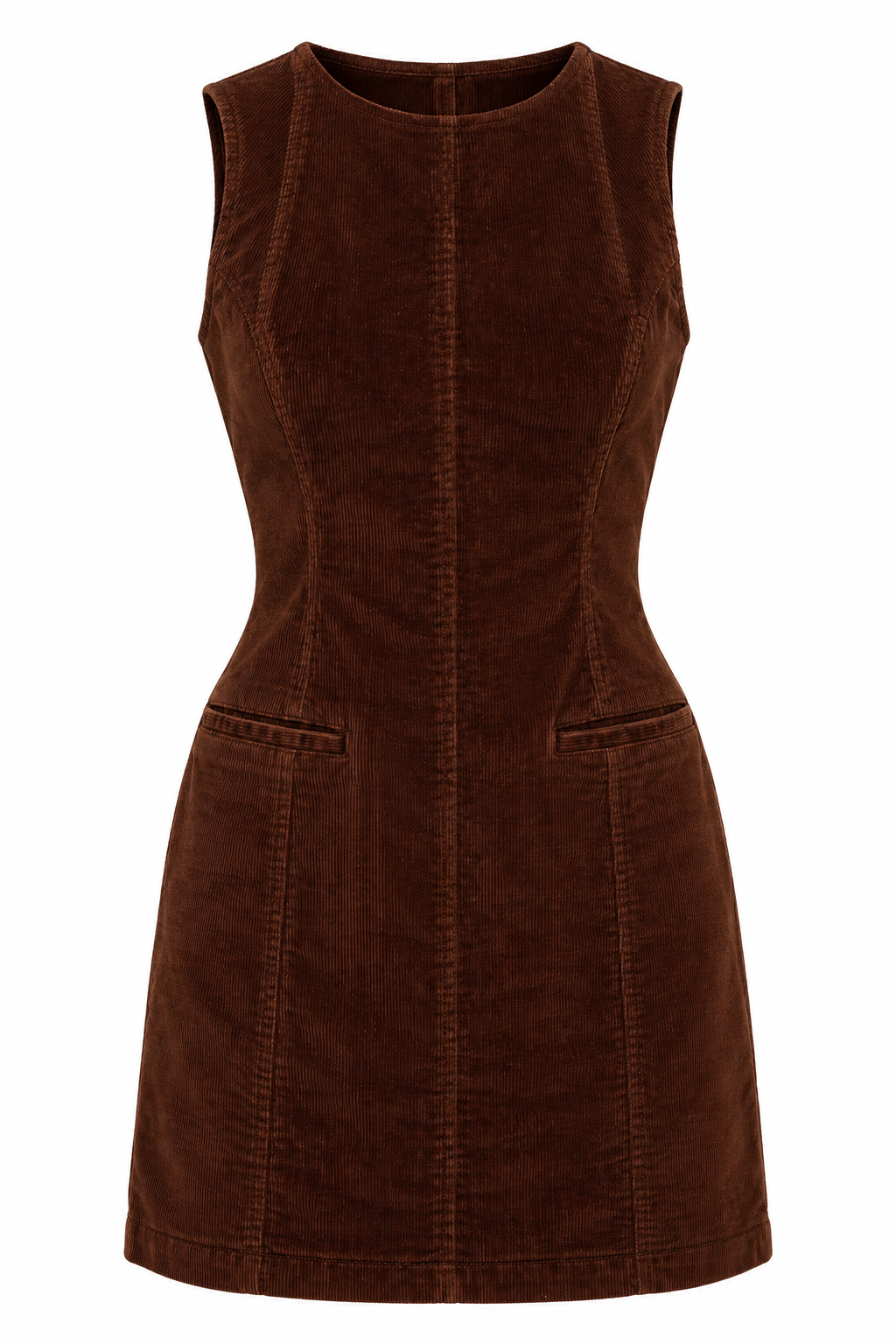 A sleeveless brown corduroy dress with a fitted waist and two front patch pockets, shown against a plain white background.