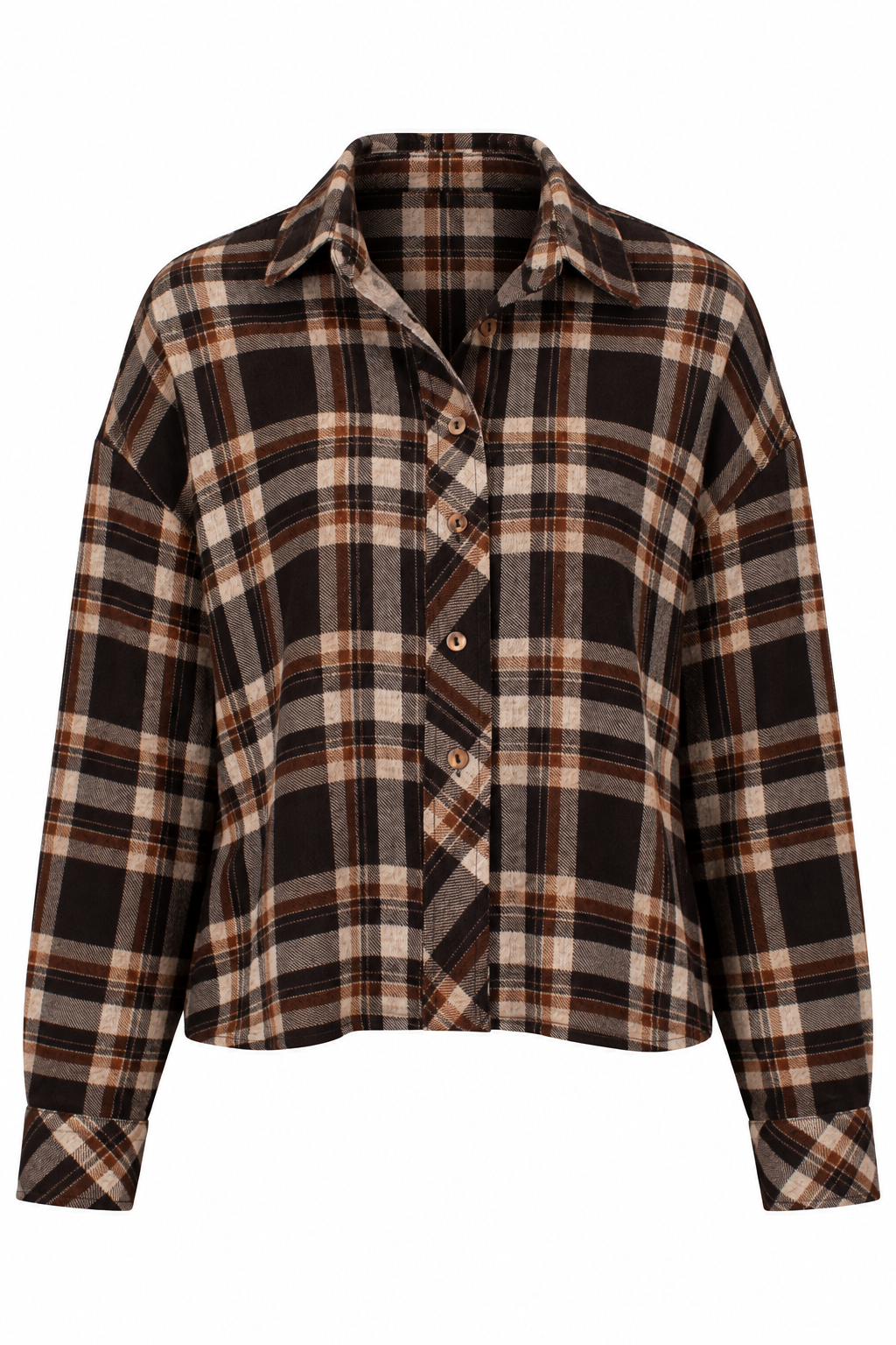A long-sleeve button-up plaid shirt in brown, beige, and black, shown against a plain white background.