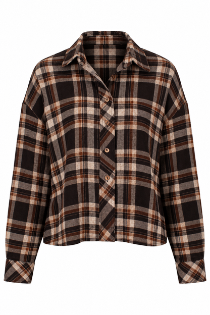 A long-sleeve button-up plaid shirt in brown, beige, and black, shown against a plain white background.