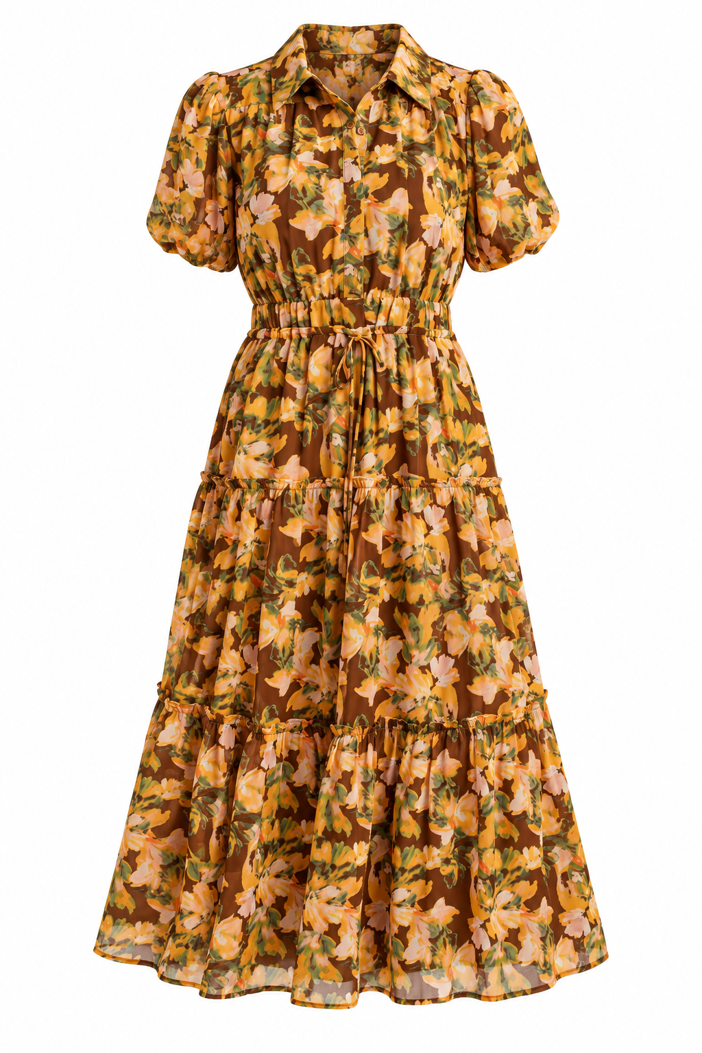 A short-sleeve midi dress with a brown, orange, and yellow floral print, featuring a collared neckline, puff sleeves, a smocked waist, and a tiered skirt.