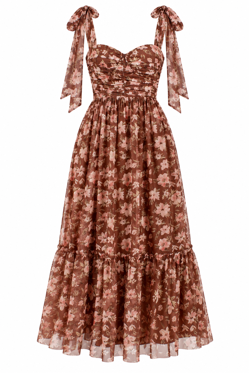 Petals At Dusk Floral Mocha Midi Dress
