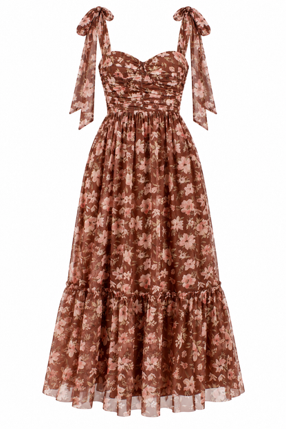 Petals At Dusk Floral Mocha Midi Dress