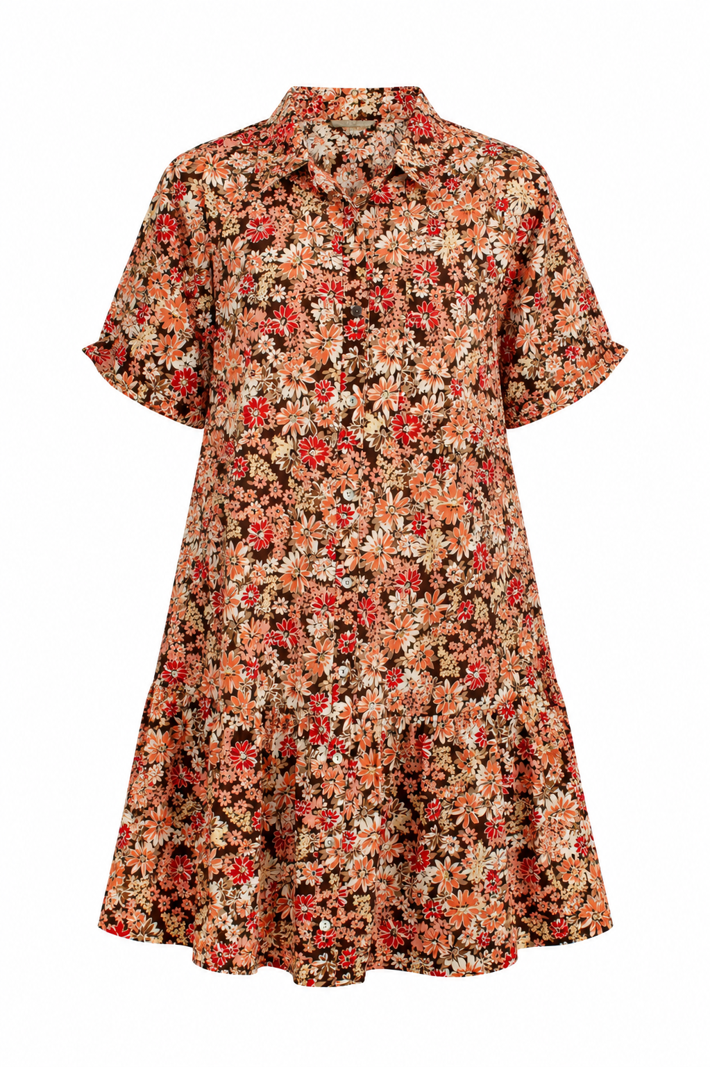 A short-sleeve collared dress with a dense multicolor floral print in orange, red, beige, and brown tones, shown against a plain white background.