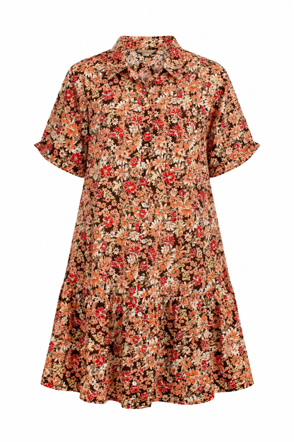A short-sleeve collared dress with a dense multicolor floral print in orange, red, beige, and brown tones, shown against a plain white background.