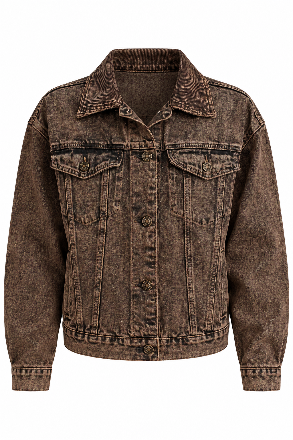 A dark brown acid-wash denim jacket with a classic collar, button-up front, and flap chest pockets, shown against a plain white background.