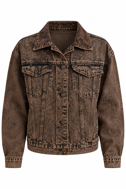 A dark brown acid-wash denim jacket with a classic collar, button-up front, and flap chest pockets, shown against a plain white background.