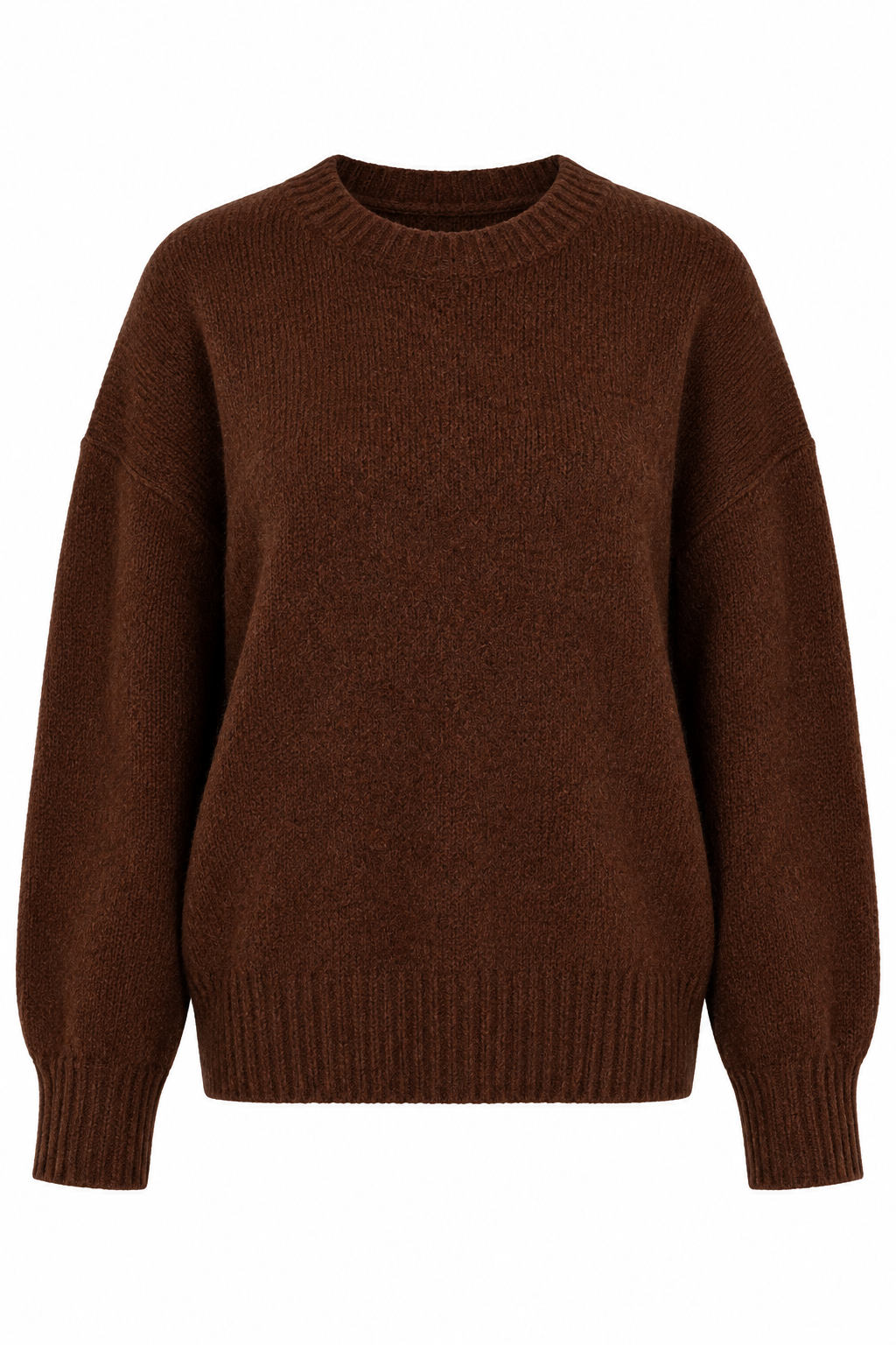 A dark brown knit crewneck sweater with long sleeves, shown against a plain white background.
