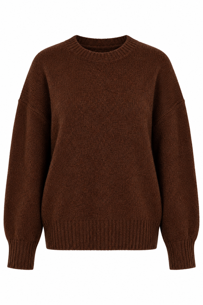 A dark brown knit crewneck sweater with long sleeves, shown against a plain white background.