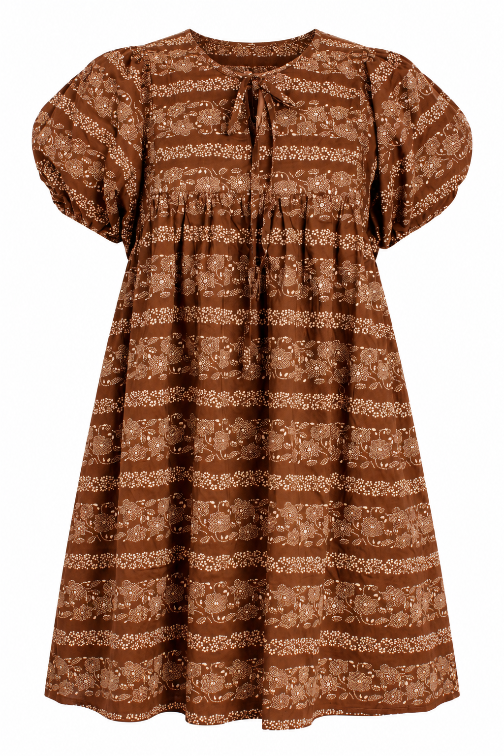 A brown and beige patterned dress with short puff sleeves, a tie neckline, and a gathered empire waist, shown against a plain white background.