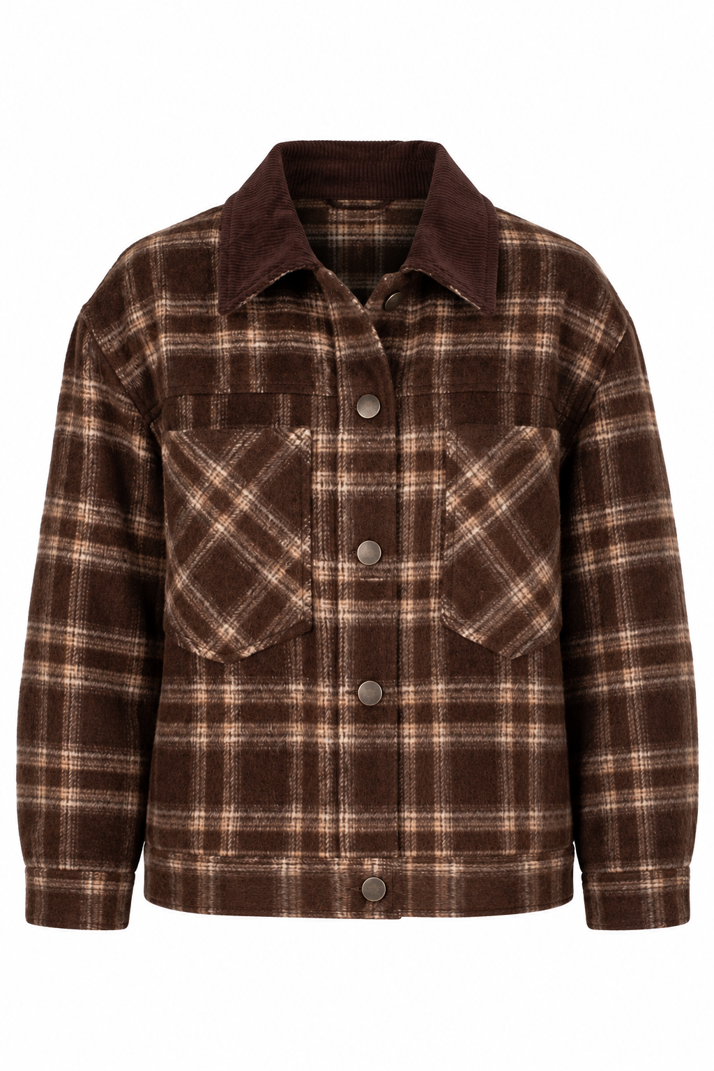 A brown and beige plaid button-up jacket with a dark brown corduroy collar, shown against a plain white background.