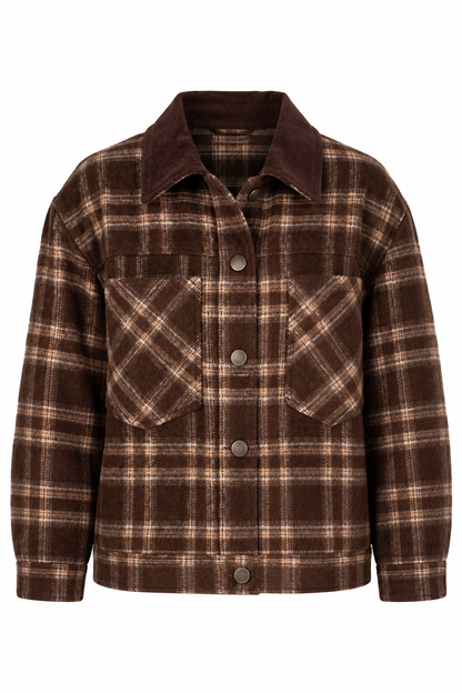 A brown and beige plaid button-up jacket with a dark brown corduroy collar, shown against a plain white background.