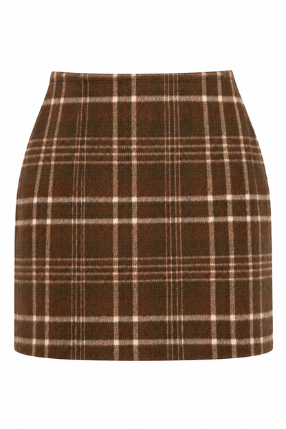 A brown plaid mini skirt with cream and beige lines, shown flat against a solid white background.