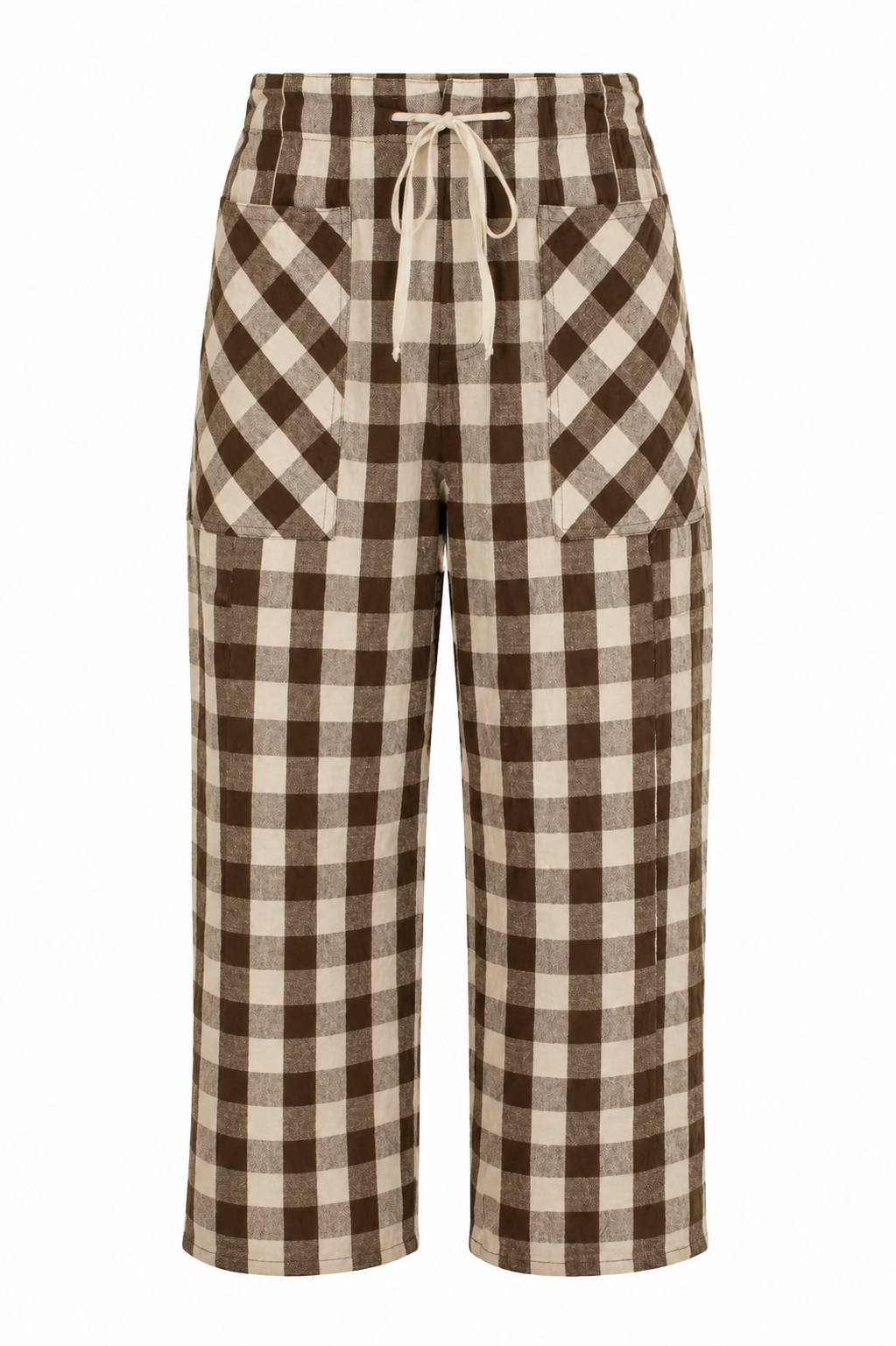 Brown and beige checkered cropped pants with a drawstring waist and large front patch pockets, shown on a plain white background.