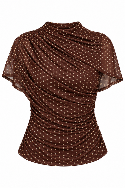 A brown sheer mesh top with a white polka dot pattern, featuring a draped mock neck and short flutter sleeves, shown against a plain white background.