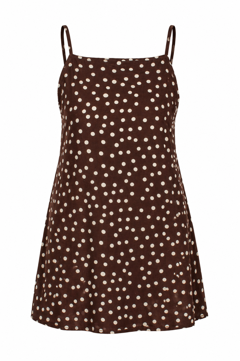 A brown spaghetti-strap mini dress with an all-over white polka dot pattern, shown against a plain white background.