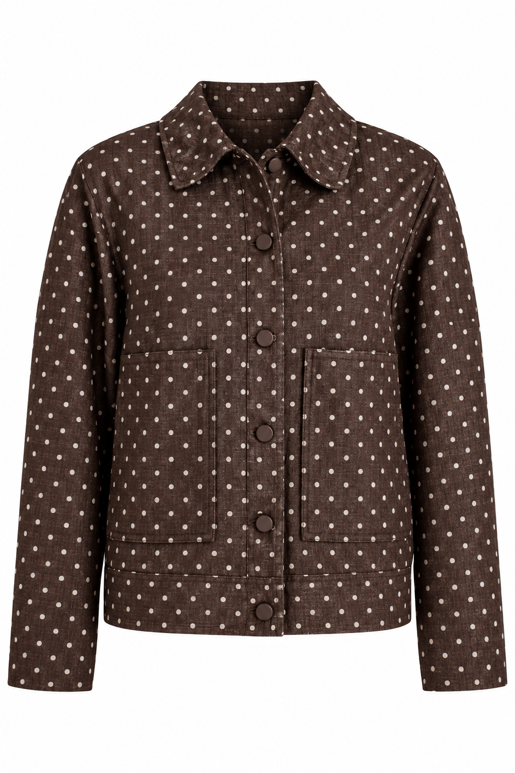 A dark brown jacket with a white polka dot pattern, featuring a pointed collar, button-up front, and two front flap pockets.