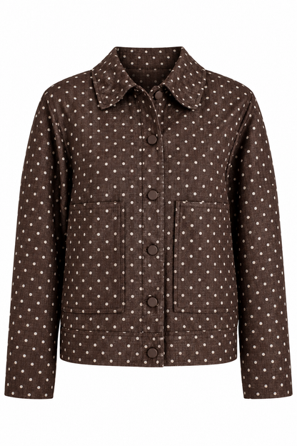 A dark brown jacket with a white polka dot pattern, featuring a pointed collar, button-up front, and two front flap pockets.