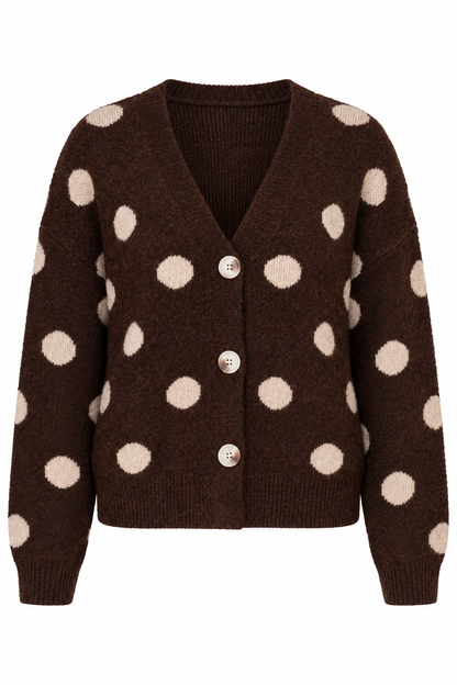 A dark brown knit cardigan sweater with beige polka dots and three silver buttons, shown against a plain white background.