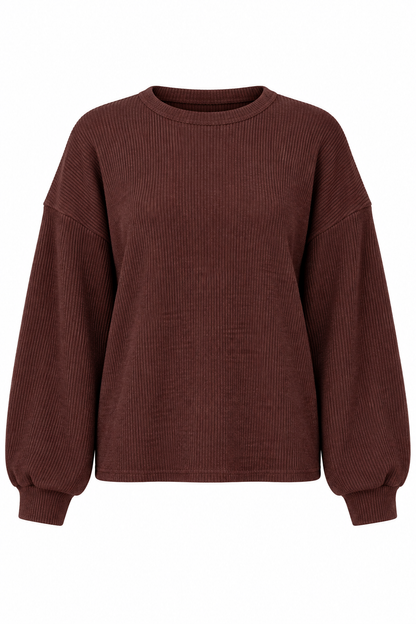 A dark brown ribbed knit crewneck sweater with balloon sleeves, shown against a plain white background.