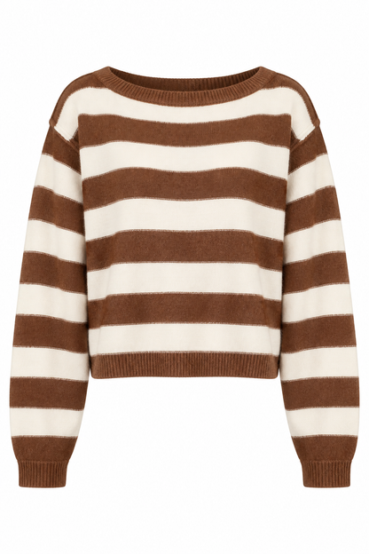 A cropped knit sweater with horizontal brown and cream stripes, featuring a wide boat neckline and long sleeves with ribbed cuffs and hem.