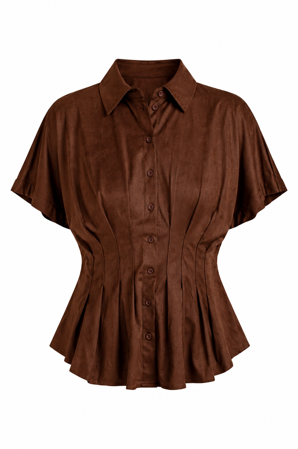 A brown short-sleeve button-up blouse with a pointed collar, structured shoulders, and a peplum-style gathered hem, shown on a plain white background.