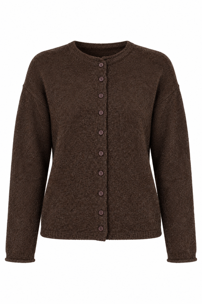 A dark brown knit cardigan sweater with a button-up front, shown against a plain white background.