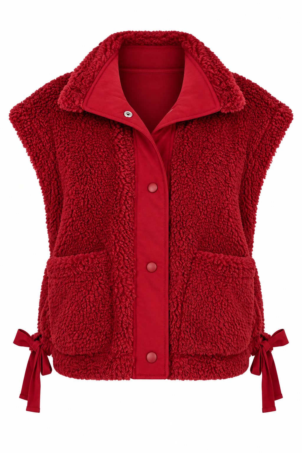 A red sherpa fleece vest with a button-up front, matching red collar, and side tie details, shown on a plain white background.