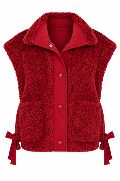 A red sherpa fleece vest with a button-up front, matching red collar, and side tie details, shown on a plain white background.